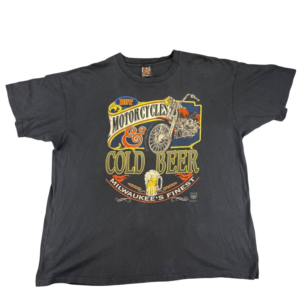 Vintage 3D Emblem Motorcycle Beer T-Shirt XXL Sun Faded Single Stitch USA Made